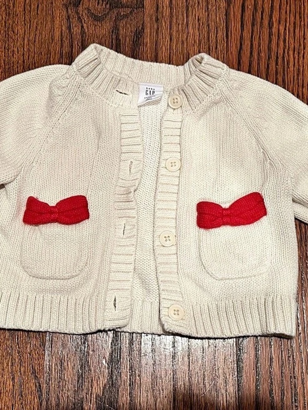 Gap Baby Bow Pocket Cardigan Sweater Cream & Red 3-6 months